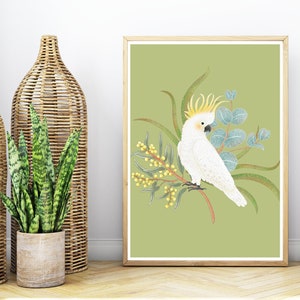 Australian Native Wildlife Bird Cockatoo and Native Flower Print in Green/ Wall Art / Digital Download Print / 5 Sizes Included