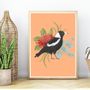 Australian Native Wildlife Bird Magpie and Native Flower Print / Wall Art / Digital Download Print / 5 Sizes Included