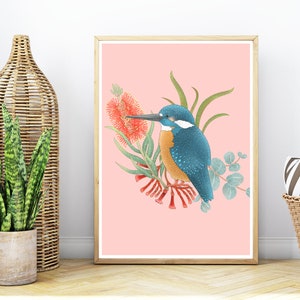 Australian Native Wildlife Bird Kingfisher and Native Flower Print / Wall Art / Digital Download Print / 5 Sizes Included