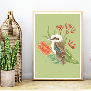Australian Native Wildlife Bird Kookaburra and Native Flower Print / Wall Art / Digital Download Print / 5 Sizes Included