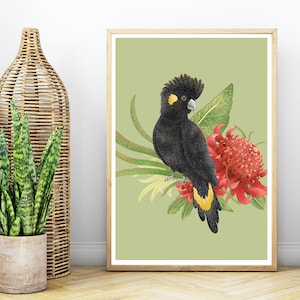 Australian Native Wildlife Bird Cockatoo and Native Flower Print / Wall Art / Digital Download Print / 5 Sizes Included