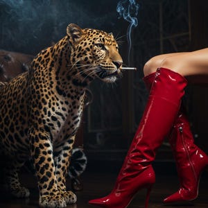 red boots print, retro leopard poster, high fashion poster, hypebeast aesthetics, luxurious wall art, chic designer poster, cool girl photo