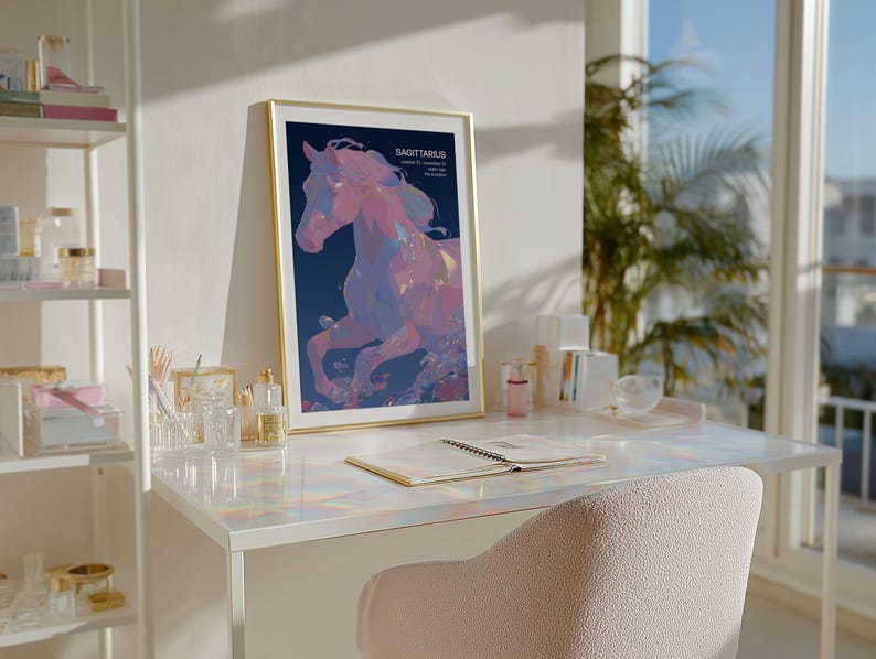 Dreamy pastel Sagittarius horse art print in pink and blue tones, zodiac wall art for astrology lovers.