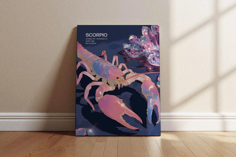 Dreamy pink and blue Scorpio art print with crystals in retro Japanese style.