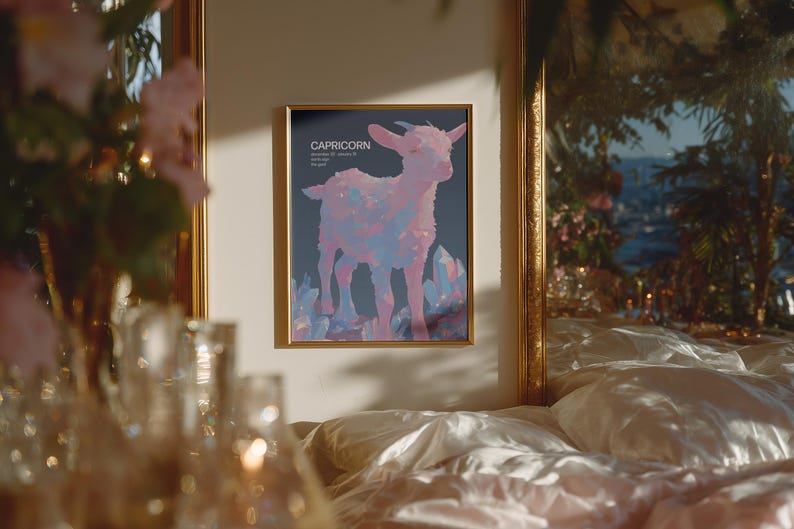 Pink and blue Capricorn zodiac art print with cute goat illustration and astrology text.
