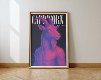 Capricorn Zodiac Poster — 80s Retro Sea-Goat Illustration, Neon Wall Art