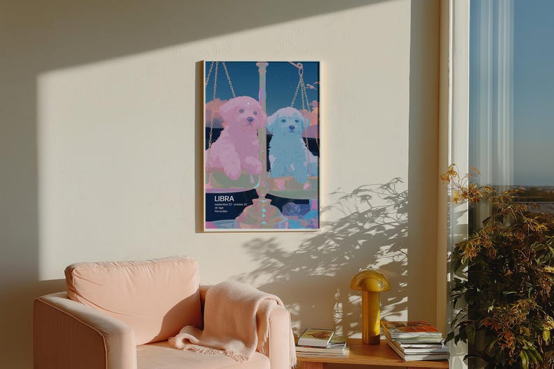 Pink Libra art print with two puppies sitting in scales, dreamy retro zodiac illustration