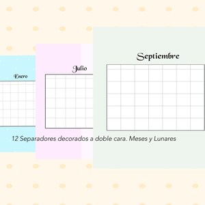 Puede incluir: Un conjunto de 12 páginas de calendario imprimibles para enero, julio y septiembre. Cada página tiene un diseño de cuadrícula con el nombre del mes en la parte superior. Las páginas están decoradas con un patrón de lunares y el texto "12 Separadores decorados a doble cara. Meses y Lunares".