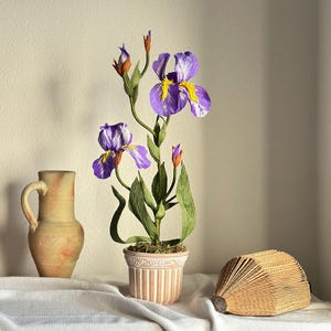 Handmade Crepe Paper Iris Arrangement in Terracotta Pot | Realistic Faux Flower Decor