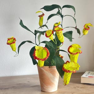 Può includere: Una scultura di carta artigianale raffigurante una pianta carnivora con trappole a forma di tromba gialle e rosse maculate e foglie testurizzate verde scuro, in un vaso di terracotta con finitura marmorizzata e base verde visibile.
