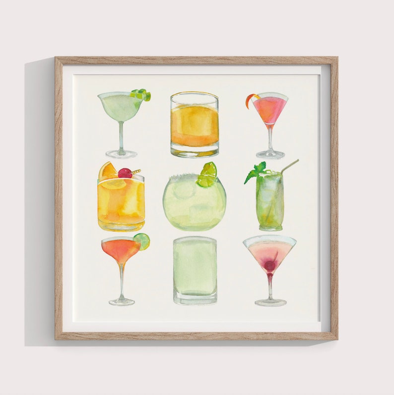 Hand Drawn Cocktails Art Print Watercolor Cocktails Drinks Illustration Bar Wall Decor Dining Room Poster Instant Download image 1