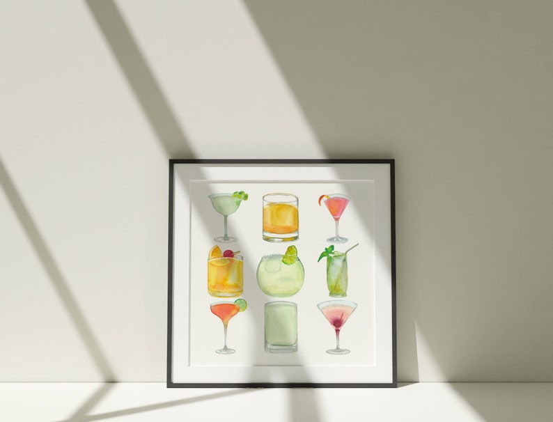 Hand Drawn Cocktails Art Print Watercolor Cocktails Drinks Illustration Bar Wall Decor Dining Room Poster Instant Download image 4