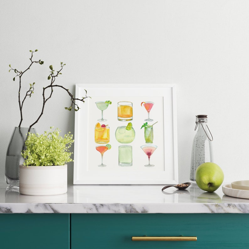 Hand Drawn Cocktails Art Print Watercolor Cocktails Drinks Illustration Bar Wall Decor Dining Room Poster Instant Download image 3