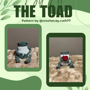 May include: Tangly Todd THE TOAD crochet pattern by @crochet.by.ruth77. Two images of a crocheted green toad with white body and red heart. The toad is sitting on a tan fuzzy surface.