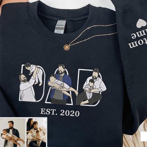Embroidered Dad T-Shirt: Custom Kid Portrait Sweatshirt, Personalized Name Sleeve, Father's Day Gift Shirt