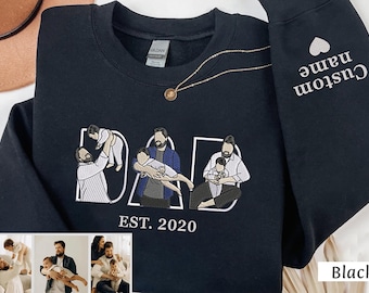 Embroidered Dad T-Shirt: Custom Kid Portrait Sweatshirt, Personalized Name Sleeve, Father's Day Gift Shirt
