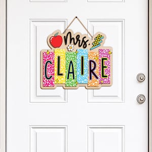 Personalized 3D Teacher Name Door Sign, Colorful Leopard Composition Notebook, Classroom Decor for Teachers, Back To School Sign For Class