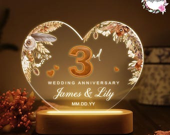 Personalized Leather Wedding Anniversary LED Light,Third Wedding Anniversary Gift, 3 Year Anniversary Gift,Personalized 3rd Year Anniversary