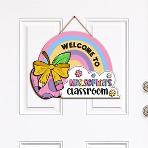 Personalized Apple Rainbow Teacher Door Sign, Teacher Name Sign, Classroom Welcome Sign, Back To School Door Hanger, New Teacher Gift