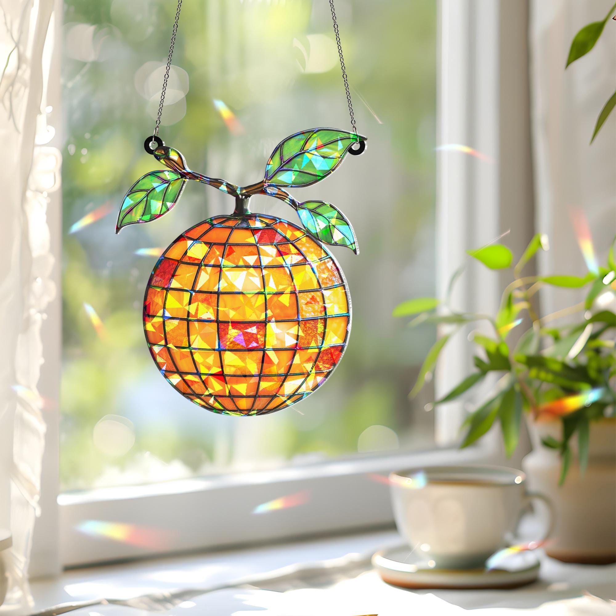 Hologram Shimmer Oragne Disco Ball Acrylic Suncatcher, Glass Fruit Window Hanging with Glitter, Citrus Decor for Summer Vibes