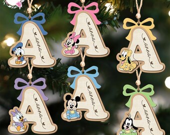 Custom Name Letters Disney Baby Minnie Mickey Donald Daisy Goofy Pluto Wood Ornament, Baby First Christmas Ornament, Xmas Gift For Baby