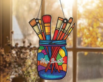 Personalized Art Teacher Paint Brushes in Glass Jar ACRYLIC Suncatcher, Artist Gifts, Gift for Painter, Painting Decor, Art decor