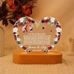 May include: A heart-shaped anniversary gift with floral accents and the text "40th Anniversary." The clear acrylic piece sits on a wooden base, illuminated from below. The text includes names and a date.