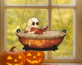 Halloween Ghost Reading Book In Bathtub Acrylic Suncatcher, Cute Halloween Window Hanging, Spooky Ghost Decor, Book Lover Gift, Bookworms