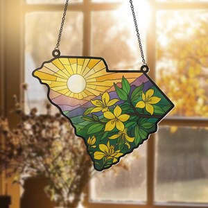 Acrylic South Carolina State Map Suncatcher Ornament, Yellow Jessamine, Carolina Wren, South Carolina Wren Suncatcher, South Carolina States