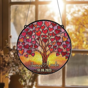 Couple Personalized Valentine Tree Stain Glass Suncatcher, Romantic Heart Tree Suncatcher, Anniversary Gift For Her, Couple Gift, Love Gift
