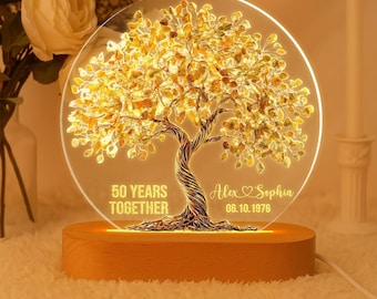 Personalized 50th Anniversary LED Night Light, Golden Wedding Gift, Golden Tree Of Love Keepsake Plaque