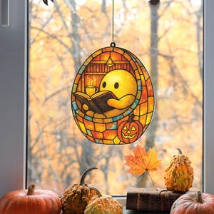 Halloween Ghost Reading Book in Cozy Book Nook Acrylic Suncatcher, Ghost And Book Acrylic Window Hanging, Spooky Bookish Halloween Decor