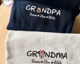 Geborduurd aangepast Disney-oma-shirt met kindernamen, bijpassend Disney familie-uitje T-shirt, opa Nana Papa shirt, Disney familievakantie