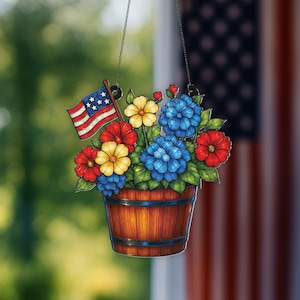 Patriotic Floral Bucket Suncatcher: 4th of July Acrylic Window Decor