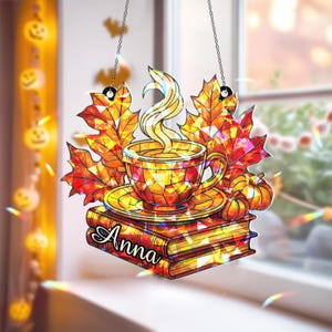 Custom Cozy Fall Autumn Tea Cup and Books Hologram Acrylic SunCatcher, Fall Leaves Window Decor, Warm Seasonal Home Gift, Book Lovers Gift