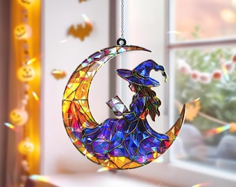 Halloween Witch Reading On The Moon Hologram Acrylic SunCatcher Halloween LightCatcher Window Hanging Home Decoration, Book Lover Gift