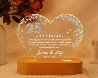 Gepersonaliseerd nachtlampje 25-jarig jubileum, cadeau zilveren jubileum
