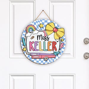 Personalized Retro Groovy Checkered Classroom Door Sign, Teacher Name Sign, Back to School Gift, Custom Teacher Door Hanger