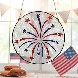 Fireworks Stained Glass Suncatcher, 4th of July window hanging, Patriotic Gift Window Decor for Veterans Independence Day Home Ornament