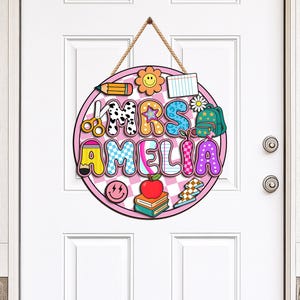 Personalized Checker Teacher Name Notebook Classroom Welcome Wooden Sign, Back To School Door Hanger, First Day Of School Decor