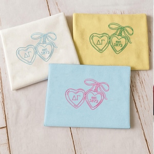 Pode incluir: Três panos dobrados em creme, amarelo e azul claro. Cada pano apresenta um desenho bordado de dois medalhões em forma de coração ligados por um laço e as letras "ΔΓ" e o ano "1873".