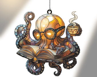 Nerdy Reading Octopus Acrylic Suncatcher, Nerdy Sea Creature with Book and Glasses, Ocean Decor Gift,Window Decor for Fantasy and Book Lover