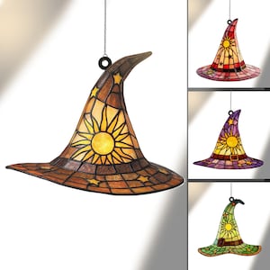 Halloween Faux Stained Glass Witch Hat 2D Acrylic Suncatcher Ornament,  Fall Decor for Spooky Autumn, Party Display, Halloween Hanging Decor