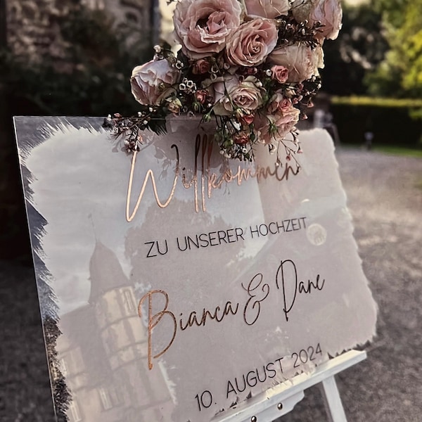 Welcome sign for wedding made of acrylic glass