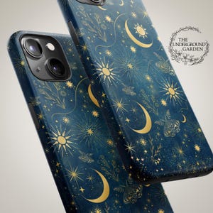Celestial Moon and Stars Phone Case for iPhone 16 MagSafe, 15 Plus, 14 Pro Max, 13 Mini, Samsung Galaxy S25 Ultra, S24 Pro, S23, S22 & More