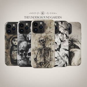 May include: Set of five iPhone cases featuring different black and white illustrations. The illustrations include a skeleton, a skull, a bird, a doll, and a floral design. The cases are all beige with a subtle texture.