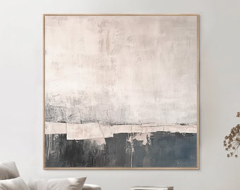 Puede incluir: Arte abstracto enmarcado en madera. La obra presenta un diseño texturizado y en capas con tonos de gris, beige y azul oscuro. La pintura tiene una estética moderna y minimalista, adecuada para la decoración del hogar.