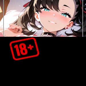 May include: An anime-style illustration of a person with black hair and blue eyes, lying on a bed. The person is wearing a pink top and a black collar. A red stamp with the text "18+" is in the lower part of the image.