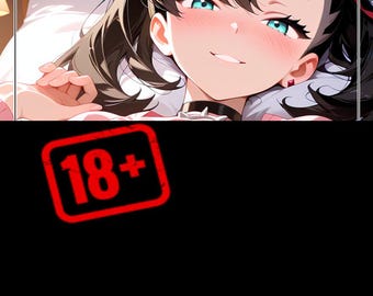 May include: An anime-style illustration of a person with black hair and blue eyes, lying on a bed. The person is wearing a pink top and a black collar. A red stamp with the text "18+" is in the lower part of the image.