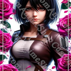 Könnte beinhalten: Anime-Stil-Kunstwerk einer Frau mit kurzen schwarzen Haaren, die eine braune Lederjacke und ein weißes Hemd trägt, umgeben von rosa Rosen. Das Bild hat unten ein benutzerdefiniertes Kunstlogo.